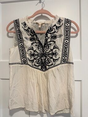 Rebecca Taylor Ivory Tank with Black Embroidered Yoke Silk